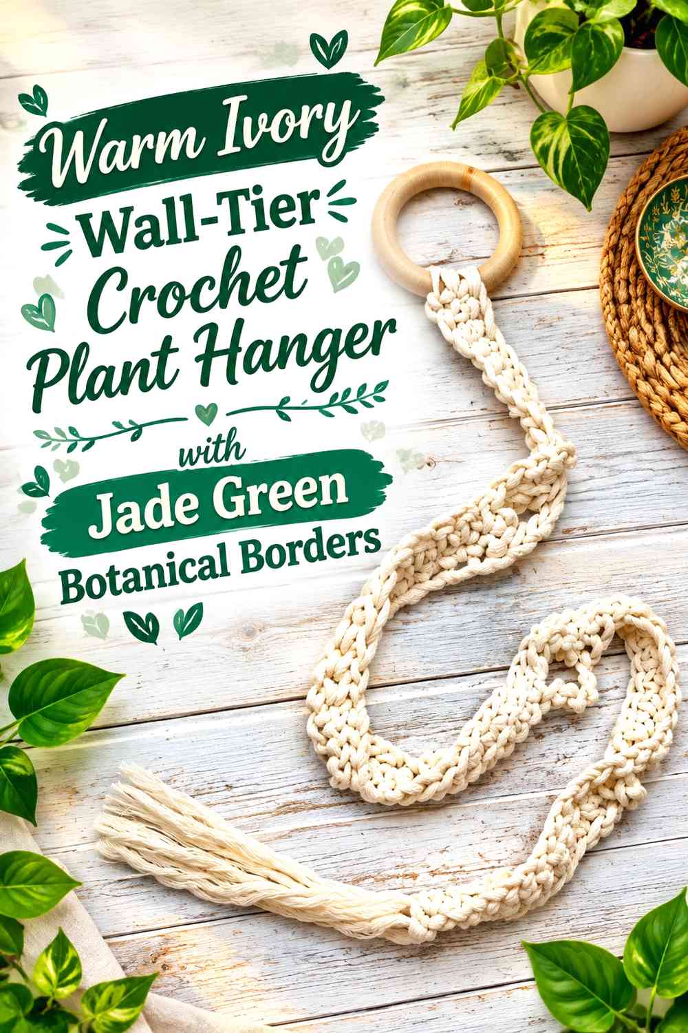 Warm Ivory Wall-Tier Crochet Plant Hanger with Jade Green Botanical Borders
