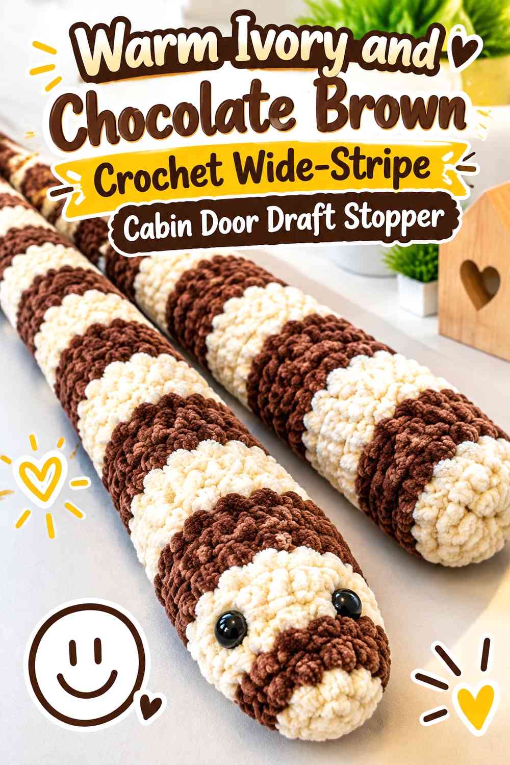 Warm Ivory and Chocolate Brown Crochet Wide-Stripe Cabin Door Draft Stopper