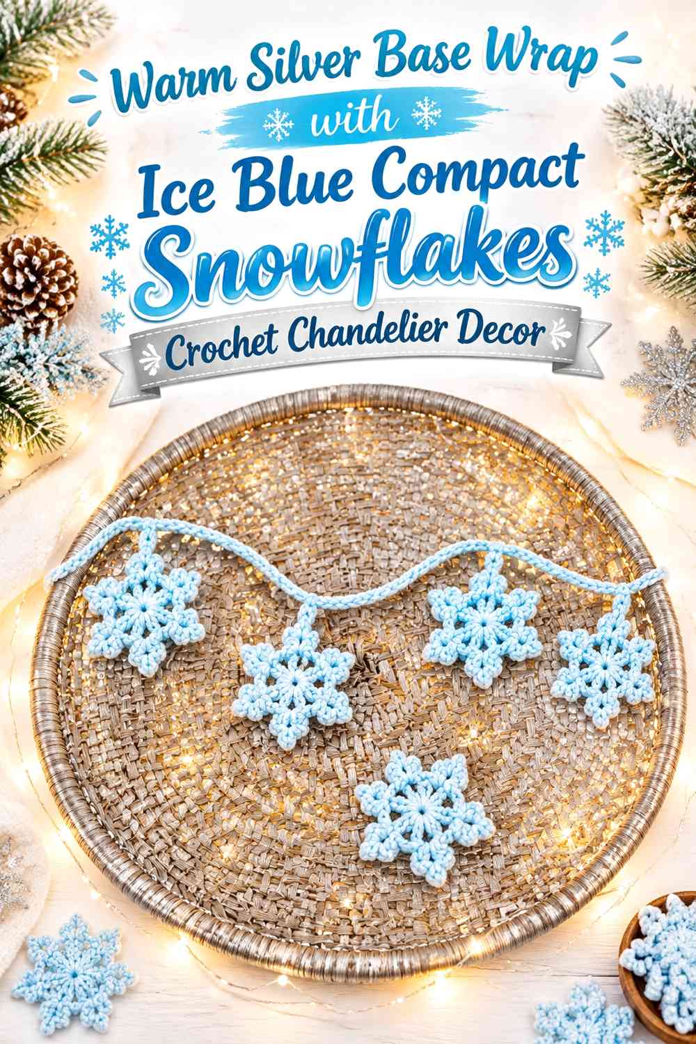 Warm Silver Base Wrap with Ice Blue Compact Snowflakes Crochet Chandelier Decor