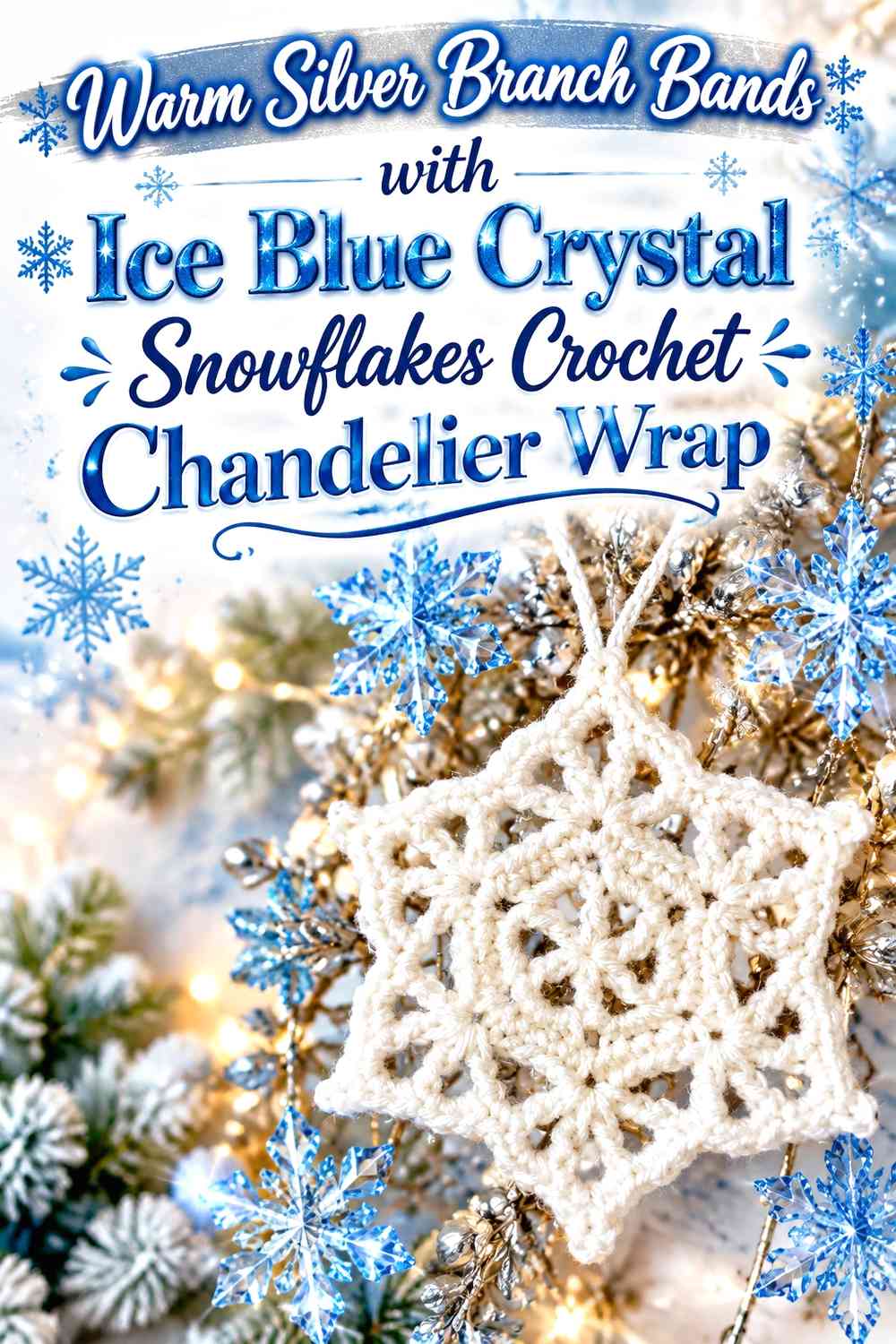 Warm Silver Branch Bands with Ice Blue Crystal Snowflakes Crochet Chandelier Wrap