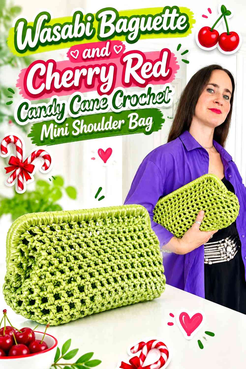 Wasabi Baguette and Cherry Red Candy Cane Crochet Mini Shoulder Bag
