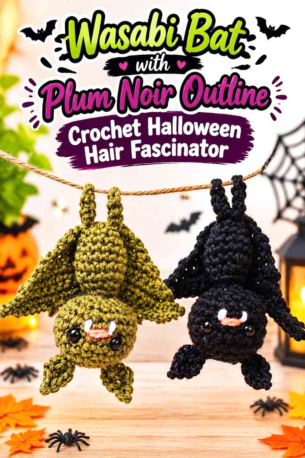 Wasabi Bat with Plum Noir Outline Crochet Halloween Hair Fascinator