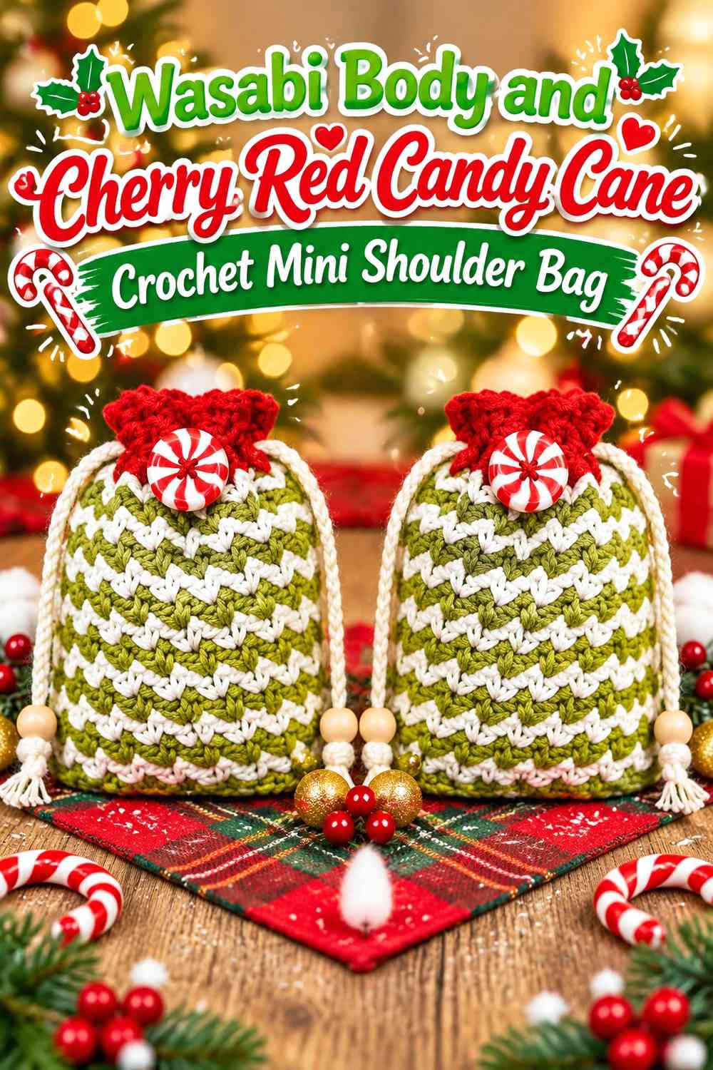 Wasabi Body and Cherry Red Candy Cane Crochet Mini Shoulder Bag