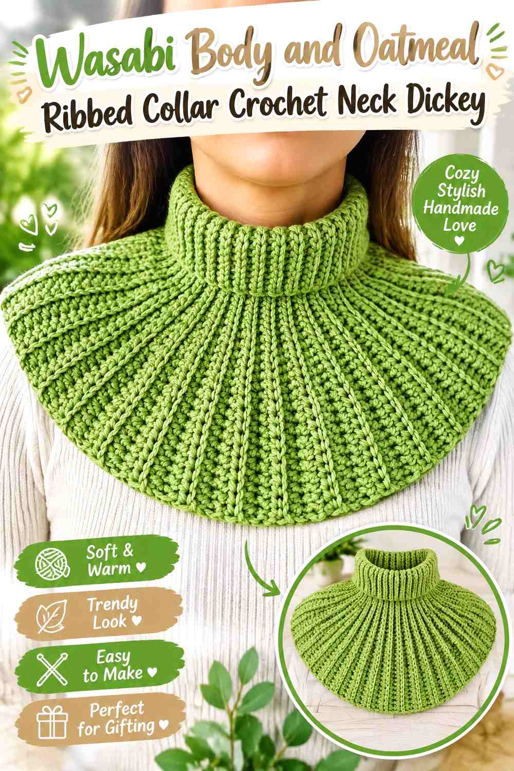 Wasabi Body and Oatmeal Ribbed Collar Crochet Neck Dickey