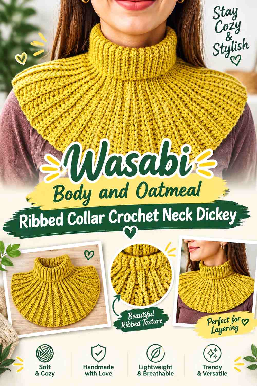 Wasabi Body and Oatmeal Ribbed Collar Crochet Neck Dickey