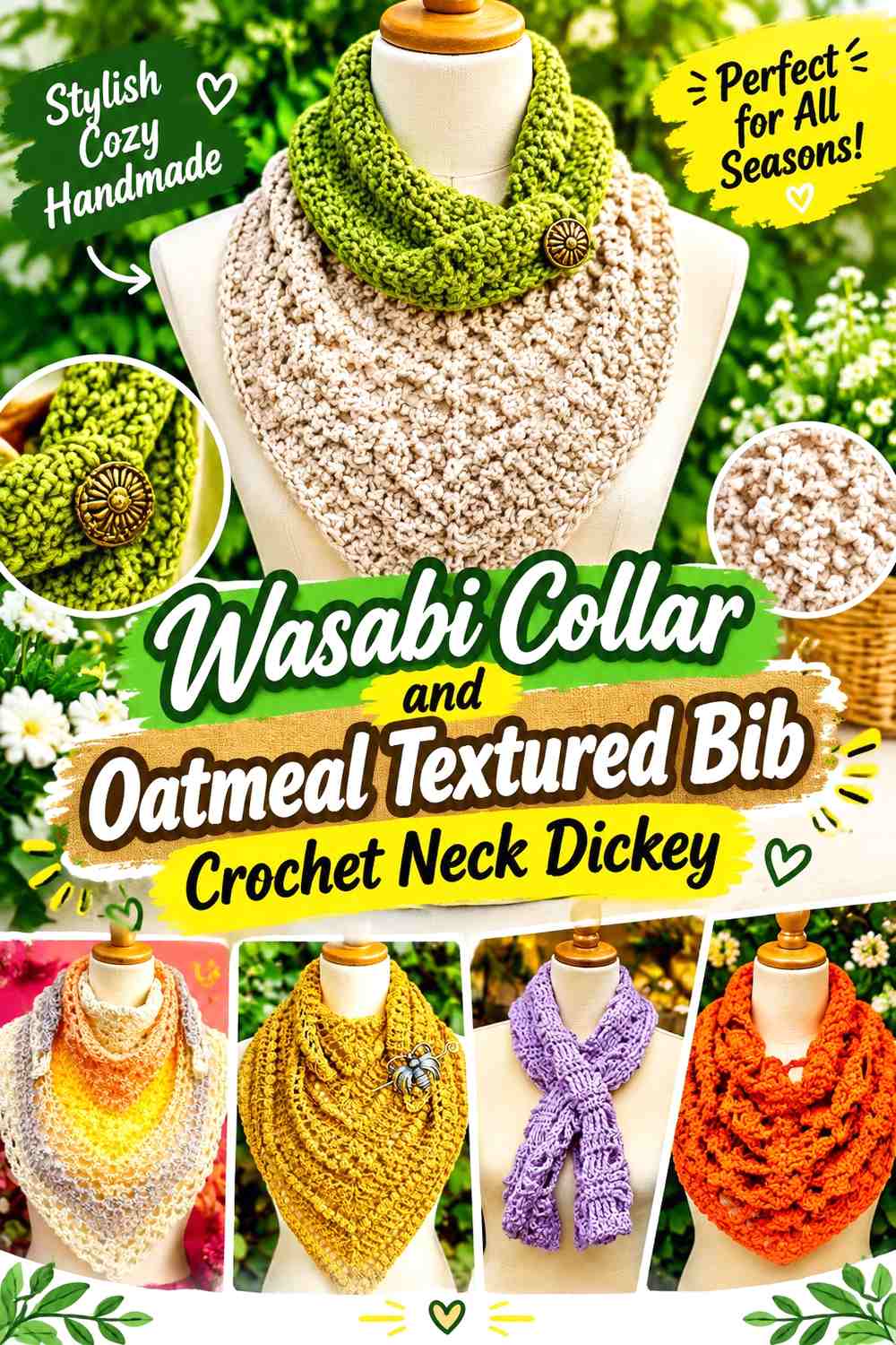Wasabi Collar and Oatmeal Textured Bib Crochet Neck Dickey