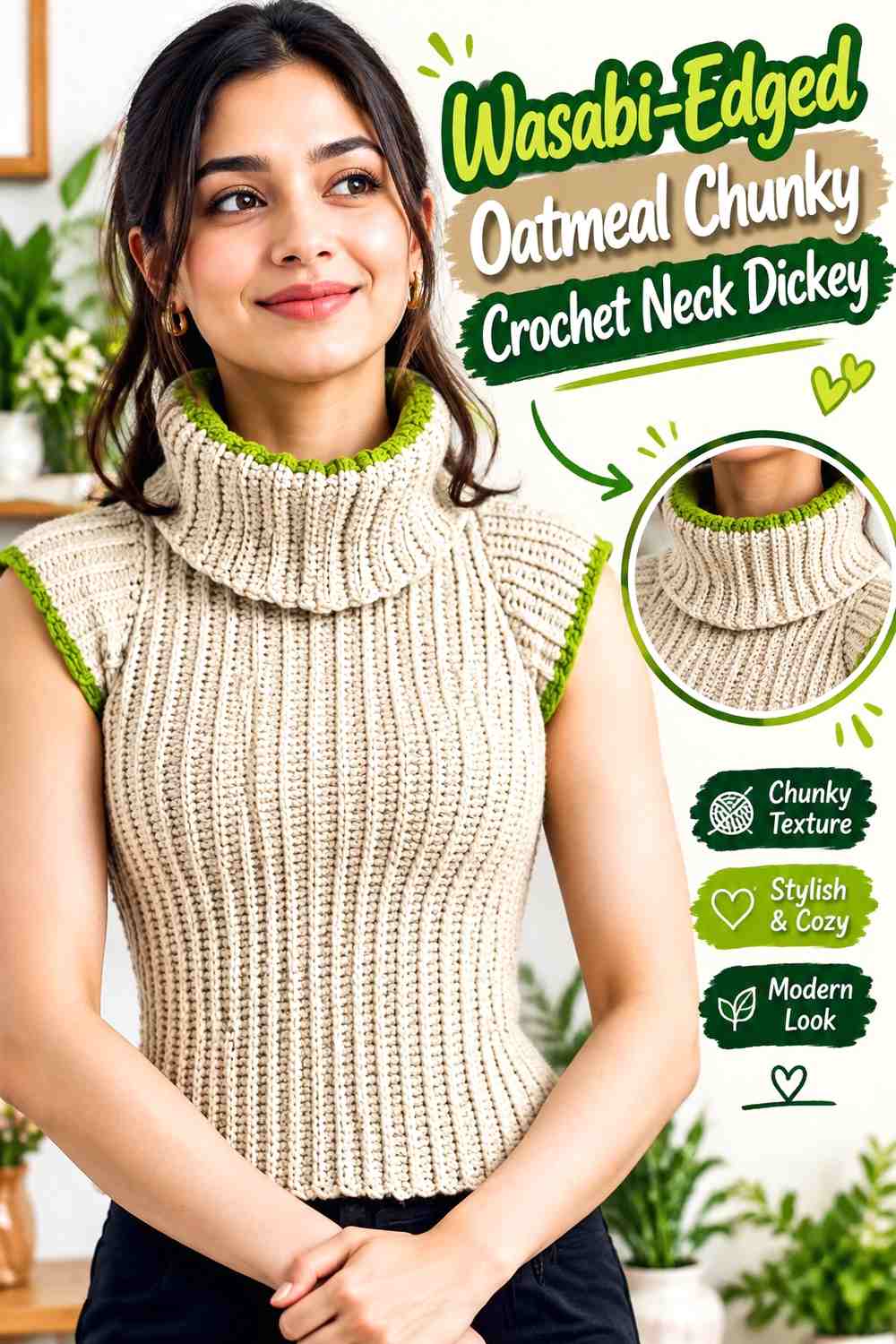 Wasabi-Edged Oatmeal Chunky Crochet Neck Dickey