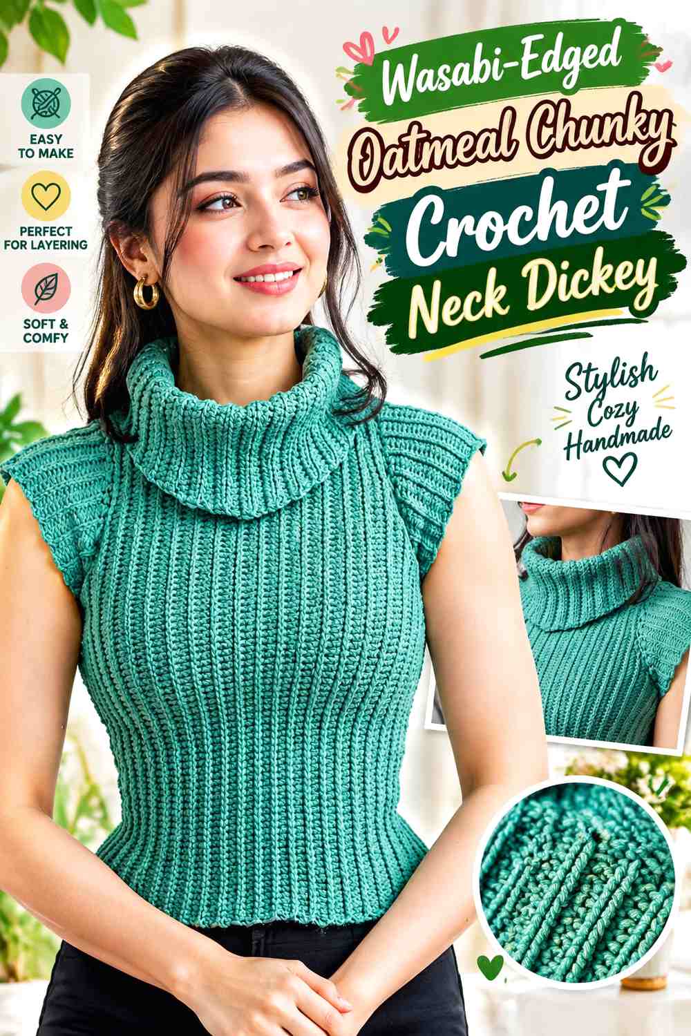 Wasabi-Edged Oatmeal Chunky Crochet Neck Dickey