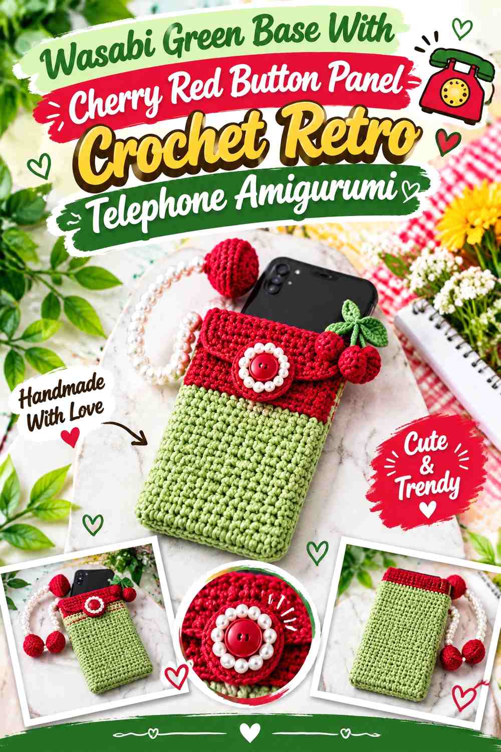 Wasabi Green Base With Cherry Red Button Panel Crochet Retro Telephone Amigurumi