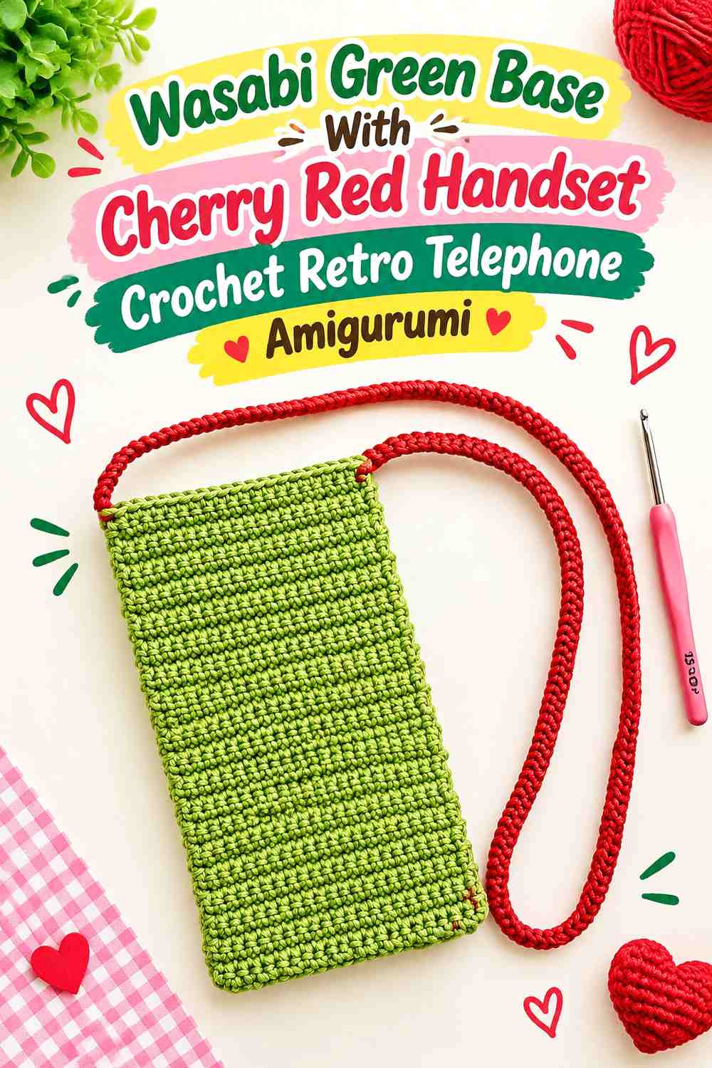 Wasabi Green Base With Cherry Red Handset Crochet Retro Telephone Amigurumi