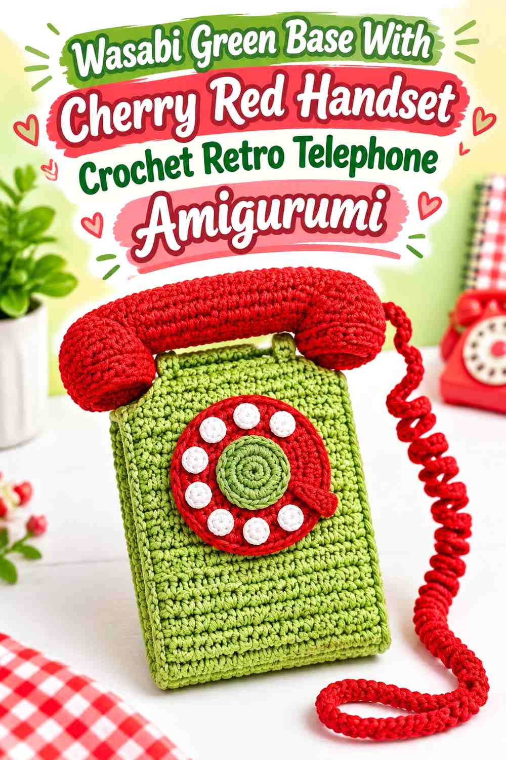 Wasabi Green Base With Cherry Red Handset Crochet Retro Telephone Amigurumi