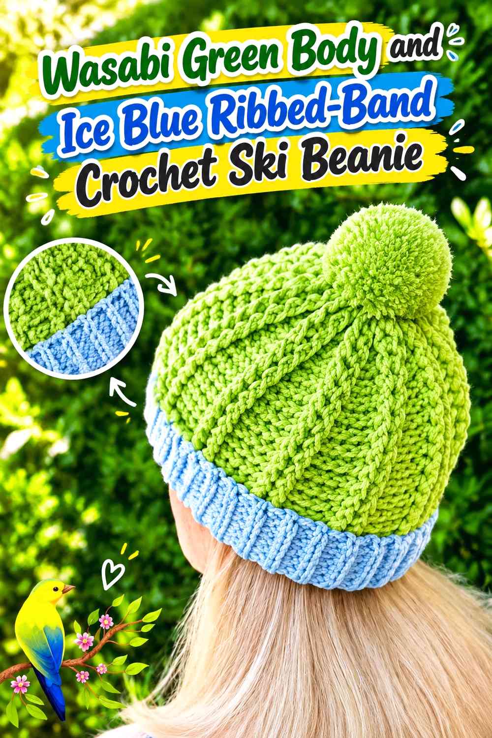 Wasabi Green Body and Ice Blue Ribbed-Band Crochet Ski Beanie
