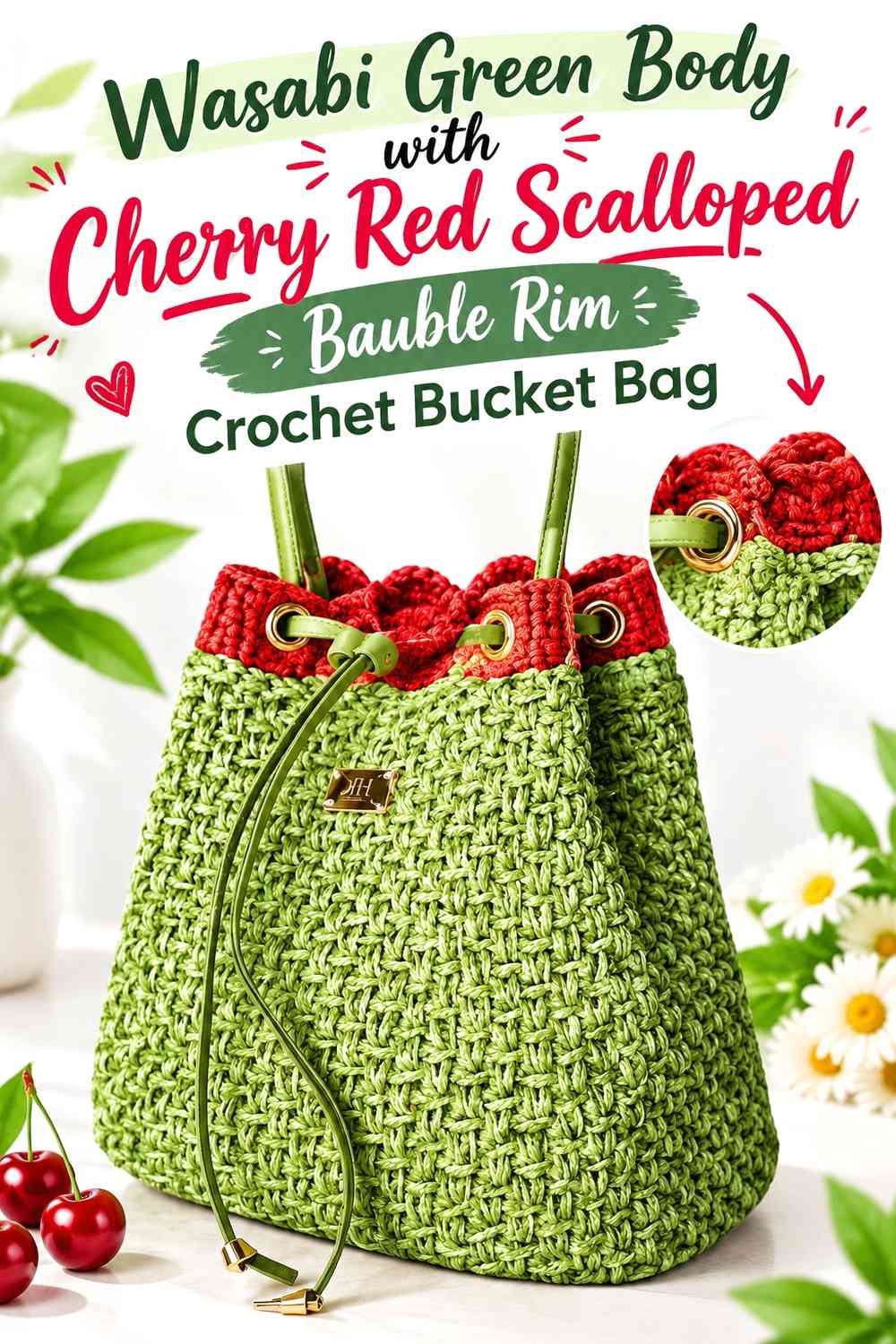 Wasabi Green Body with Cherry Red Scalloped Bauble Rim Crochet Bucket Bag