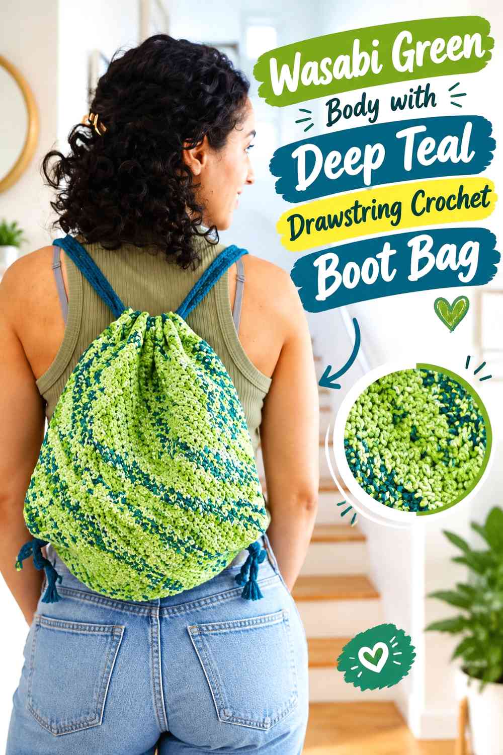 Wasabi Green Body with Deep Teal Drawstring Crochet Boot Bag