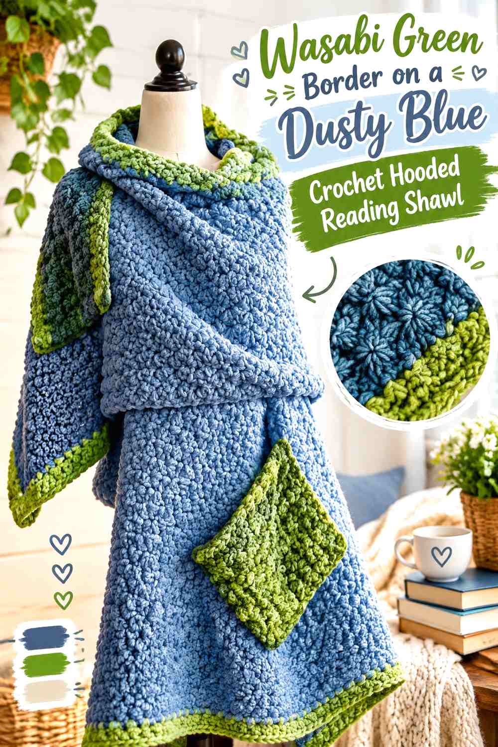 Wasabi Green Border on a Dusty Blue Crochet Hooded Reading Shawl