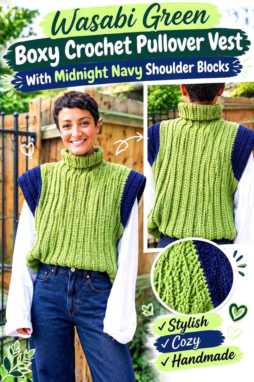 Wasabi Green Boxy Crochet Pullover Vest With Midnight Navy Shoulder Blocks