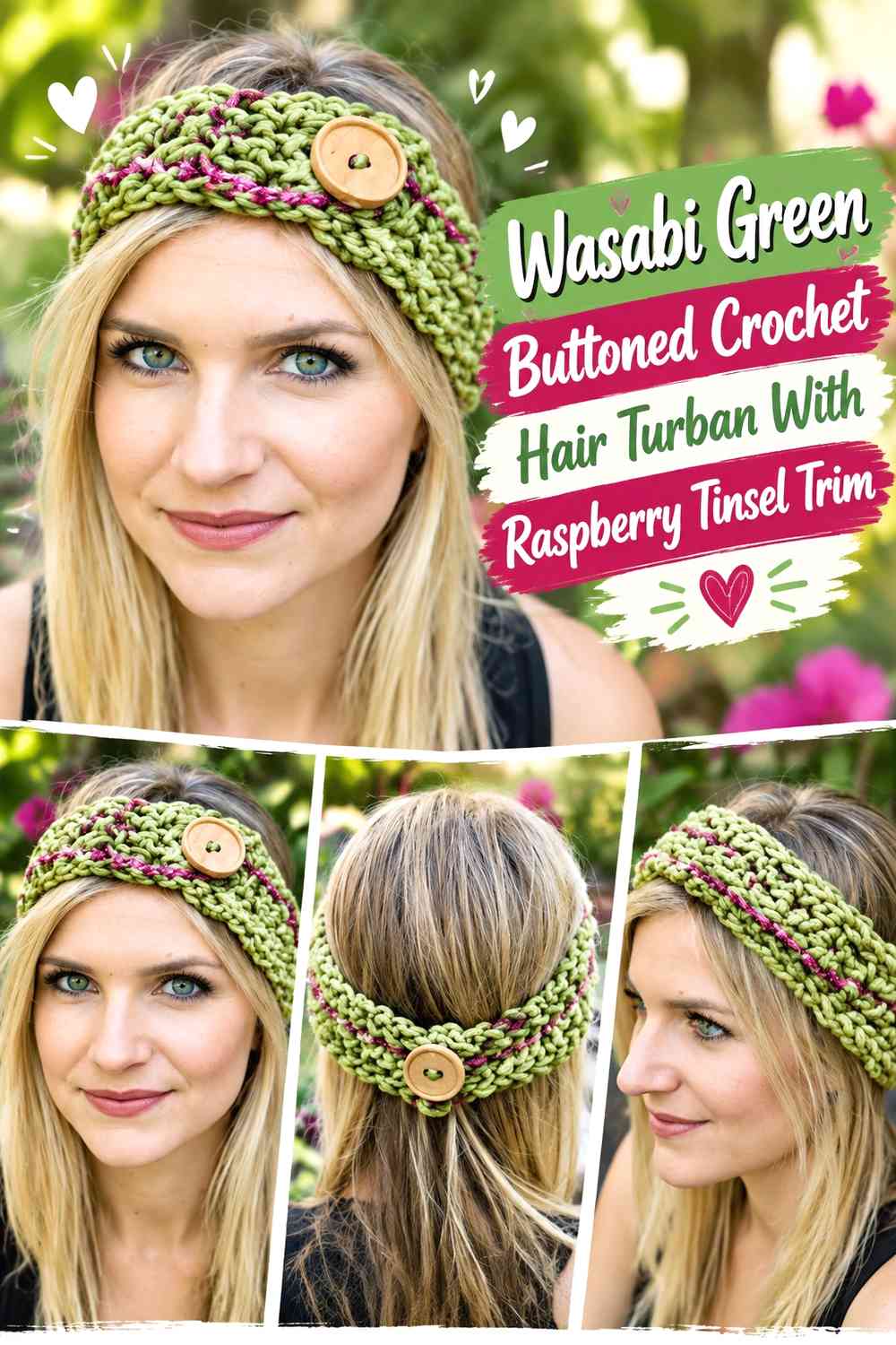 Wasabi Green Buttoned Crochet Hair Turban With Raspberry Tinsel Trim