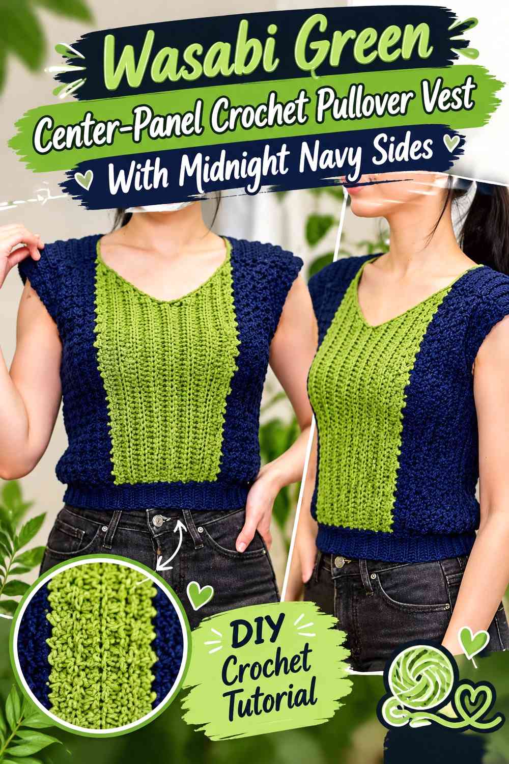 Wasabi Green Center-Panel Crochet Pullover Vest With Midnight Navy Sides