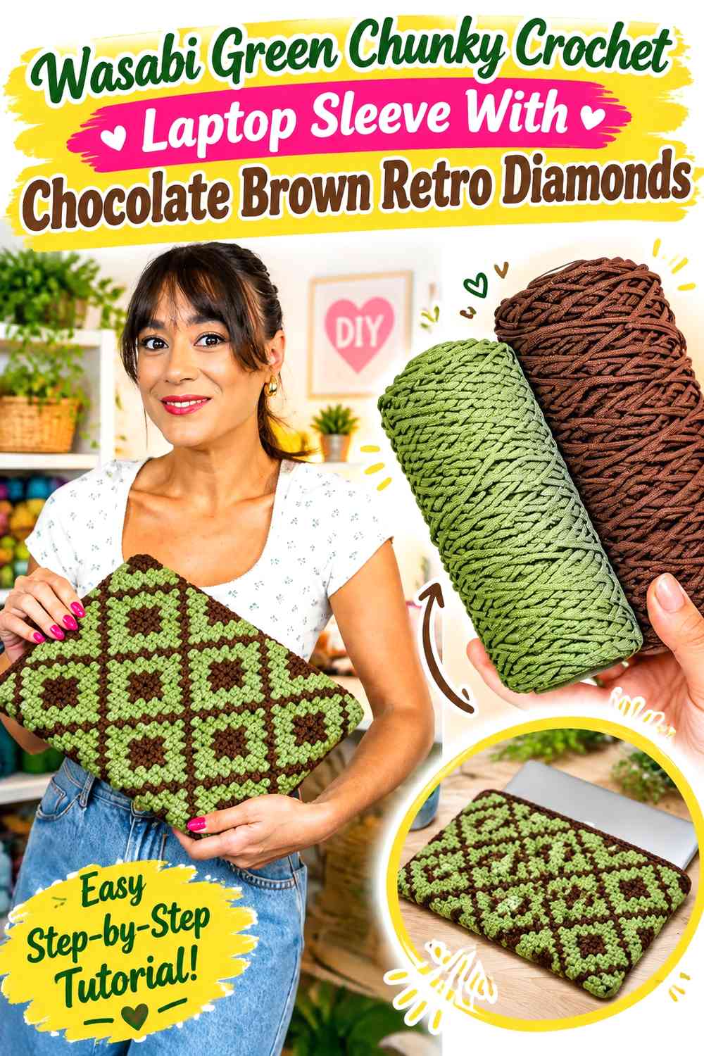Wasabi Green Chunky Crochet Laptop Sleeve With Chocolate Brown Retro Diamonds
