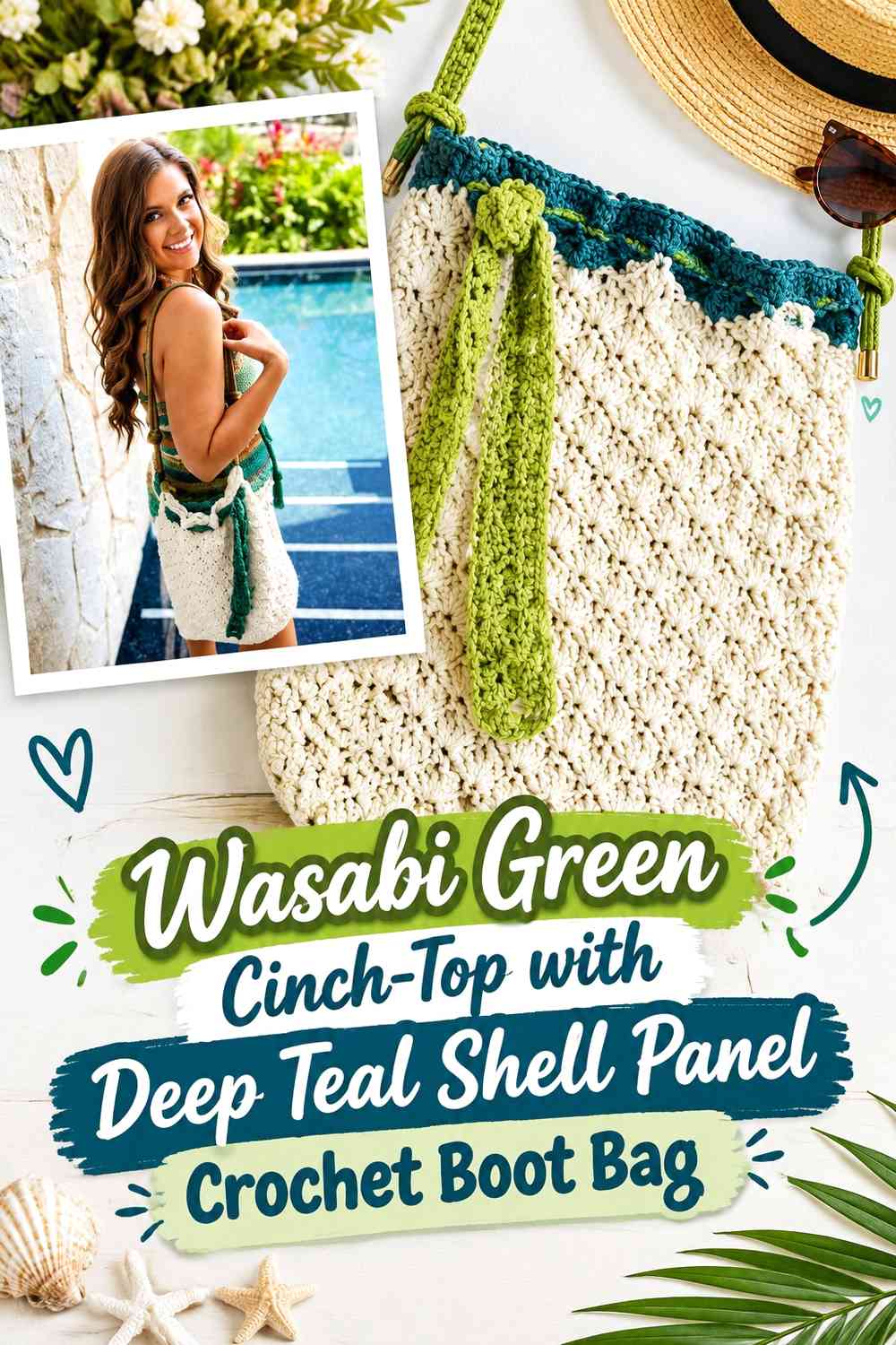 Wasabi Green Cinch-Top with Deep Teal Shell Panel Crochet Boot Bag