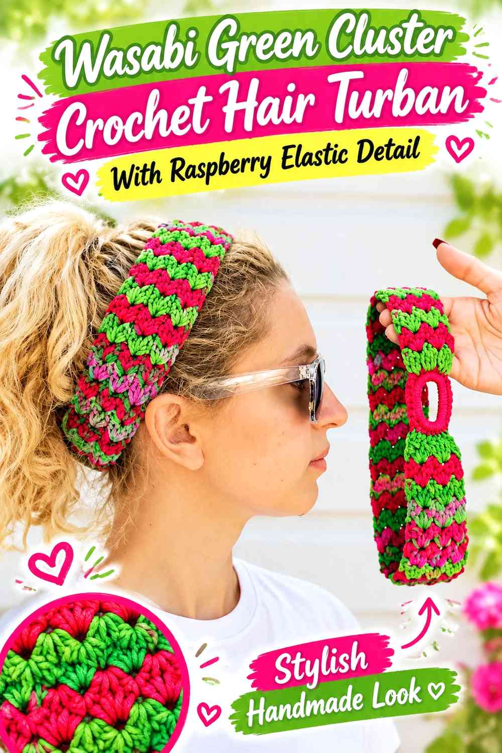 Wasabi Green Cluster Crochet Hair Turban With Raspberry Elastic Detail