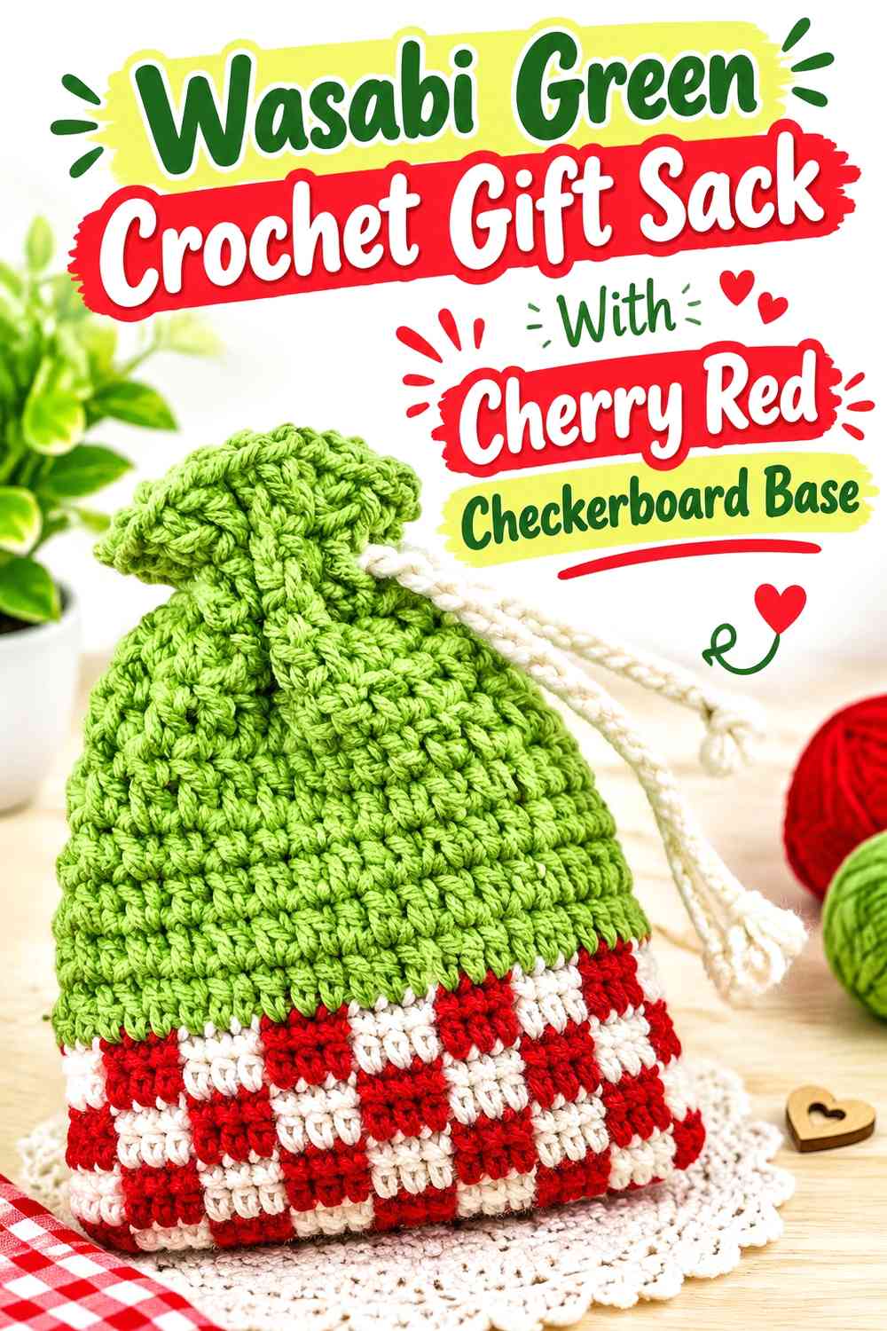 Wasabi Green Crochet Gift Sack With Cherry Red Checkerboard Base