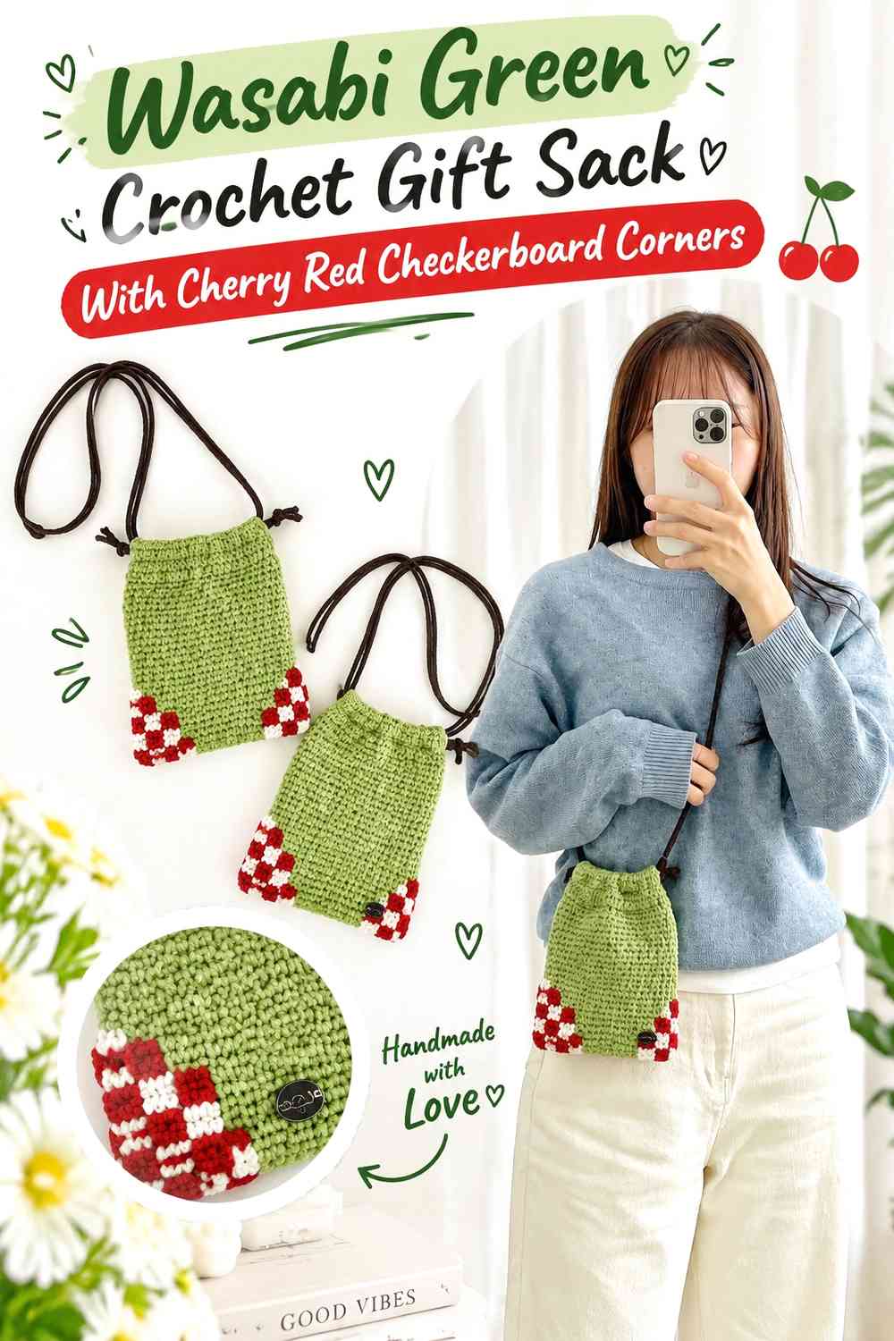 Wasabi Green Crochet Gift Sack With Cherry Red Checkerboard Corners