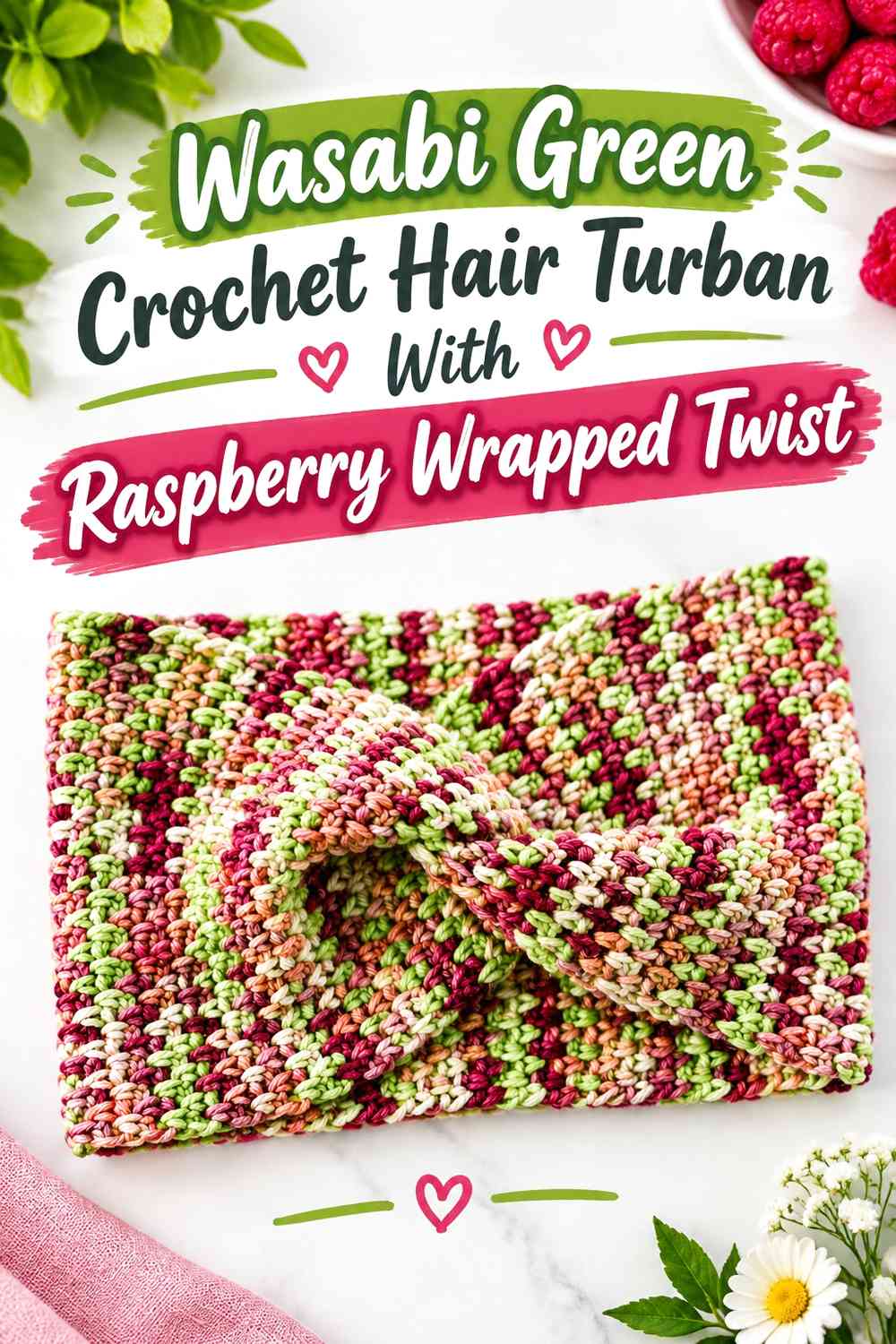 Wasabi Green Crochet Hair Turban With Raspberry Wrapped Twist