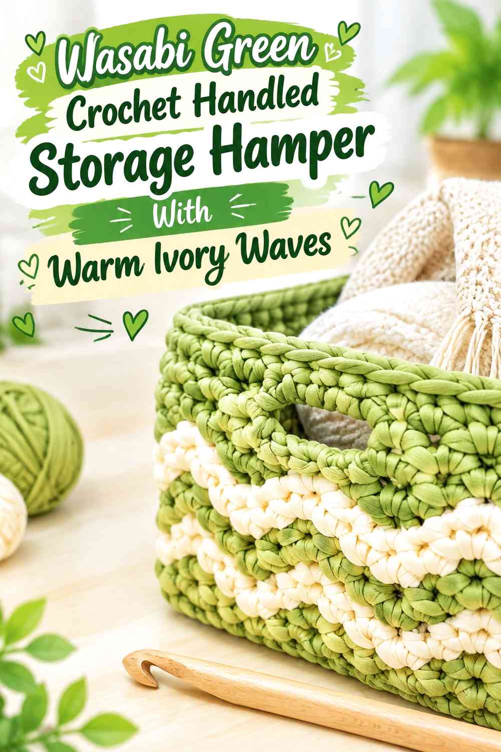 Wasabi Green Crochet Handled Storage Hamper With Warm Ivory Waves