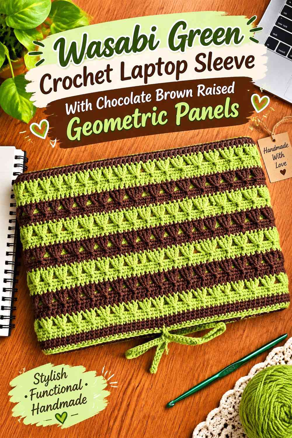 Wasabi Green Crochet Laptop Sleeve With Chocolate Brown Raised Geometric Panels