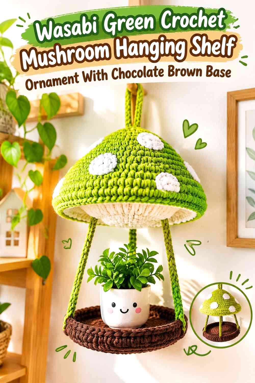 Wasabi Green Crochet Mushroom Hanging Shelf Ornament With Chocolate Brown Base