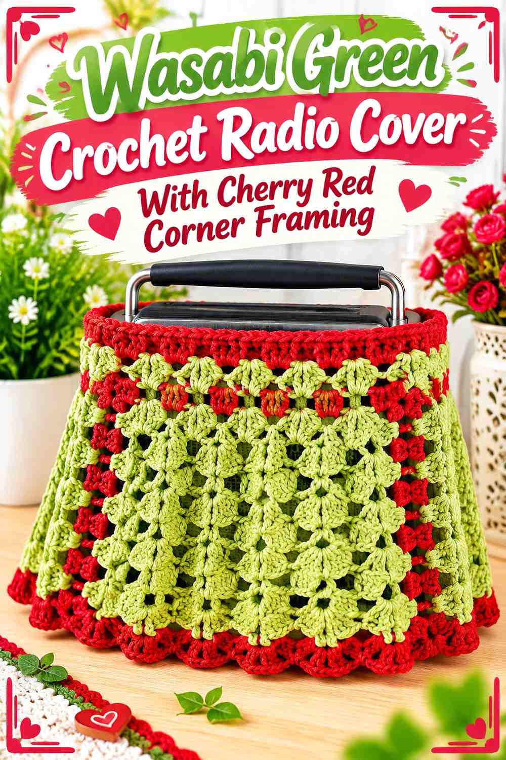Wasabi Green Crochet Radio Cover With Cherry Red Corner Framing