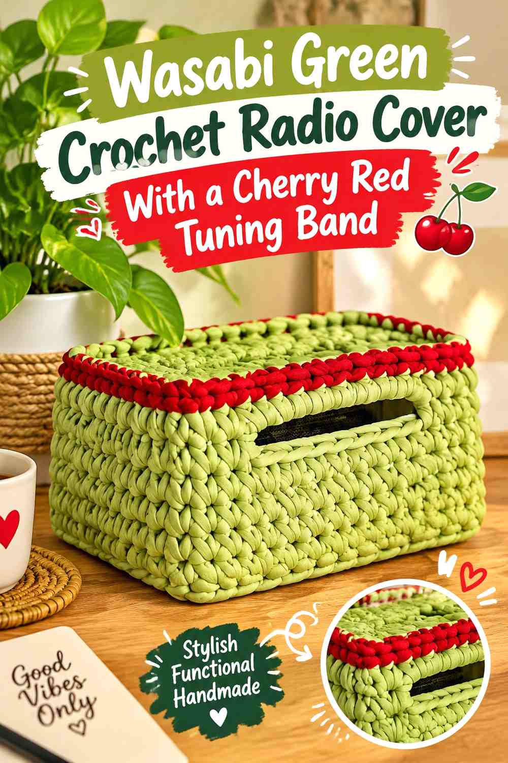 Wasabi Green Crochet Radio Cover With a Cherry Red Tuning Band
