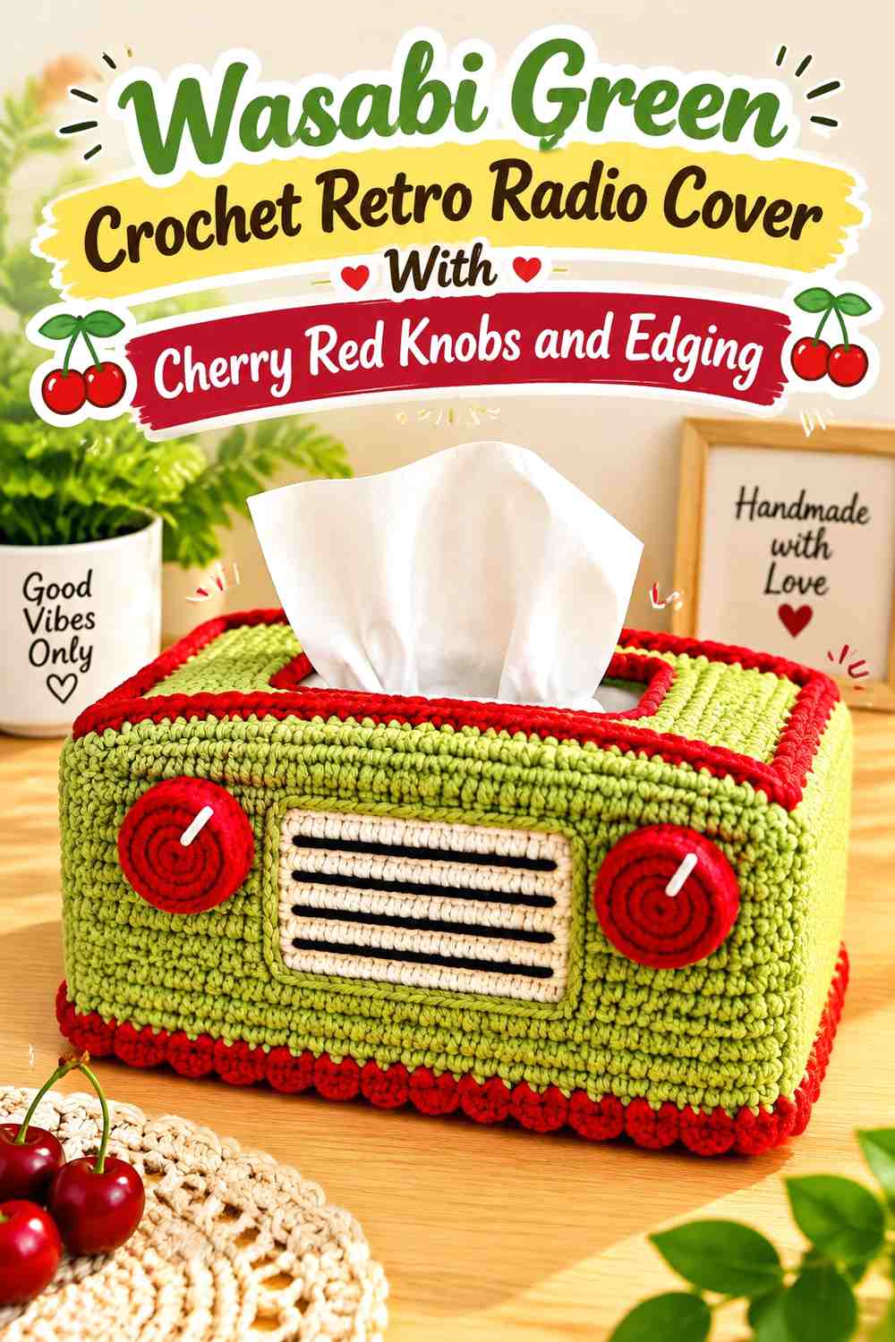 Wasabi Green Crochet Retro Radio Cover With Cherry Red Knobs and Edging