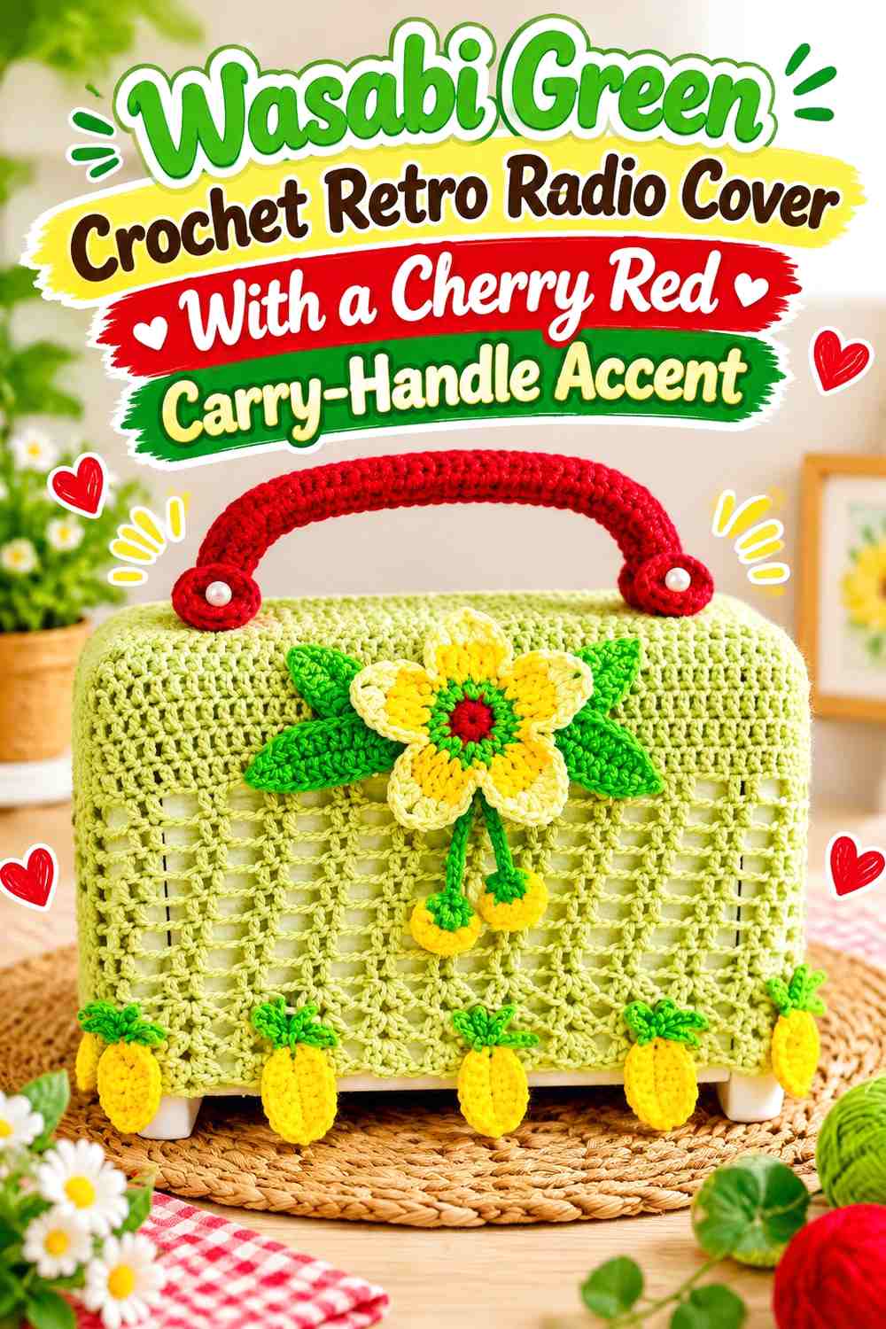 Wasabi Green Crochet Retro Radio Cover With a Cherry Red Carry-Handle Accent