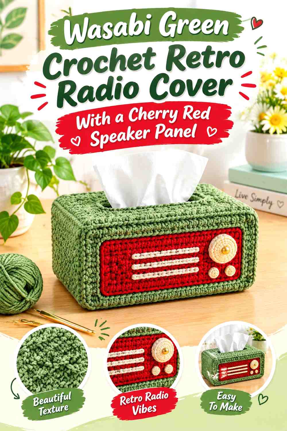 Wasabi Green Crochet Retro Radio Cover With a Cherry Red Speaker Panel