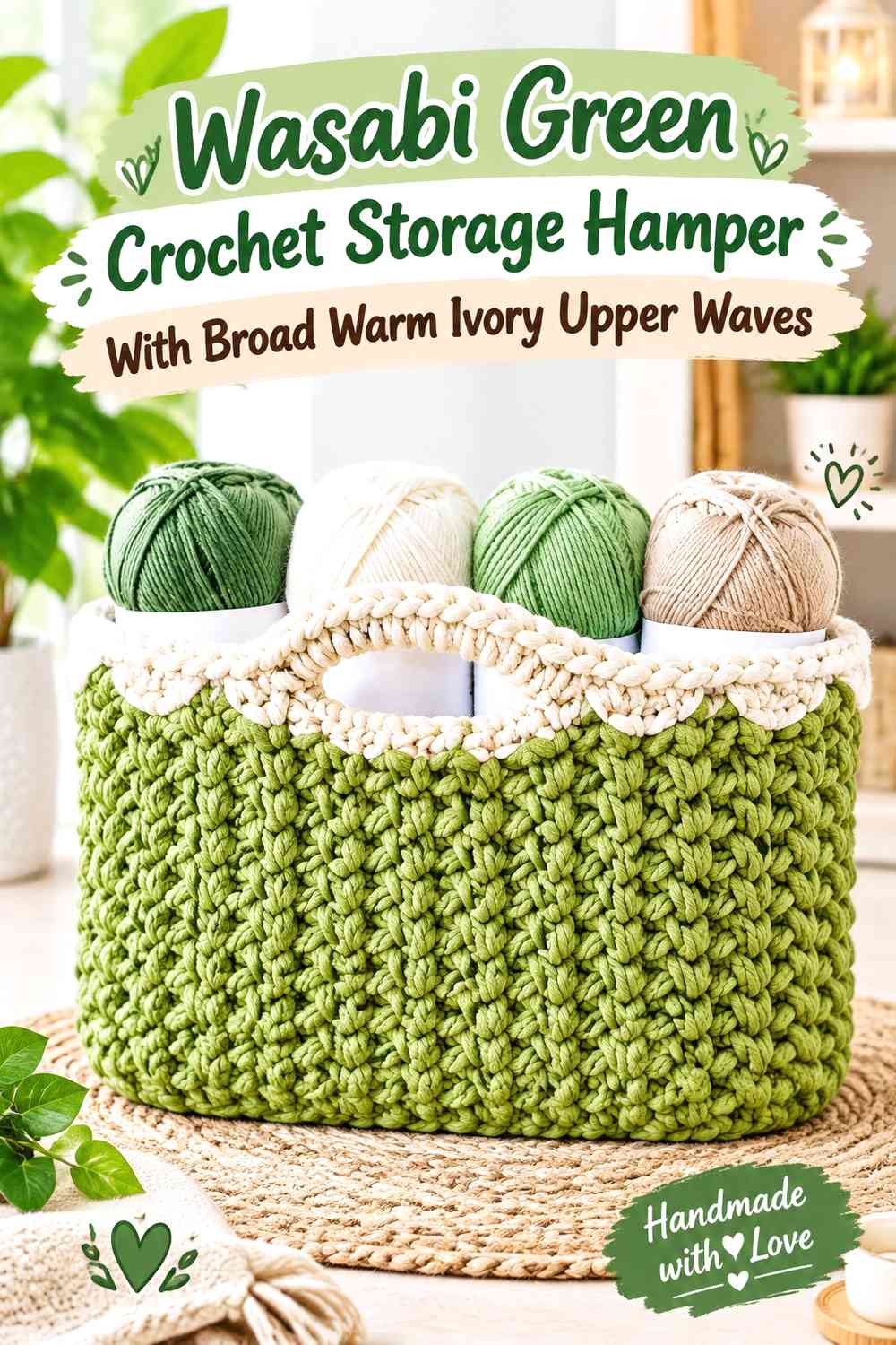 Wasabi Green Crochet Storage Hamper With Broad Warm Ivory Upper Waves