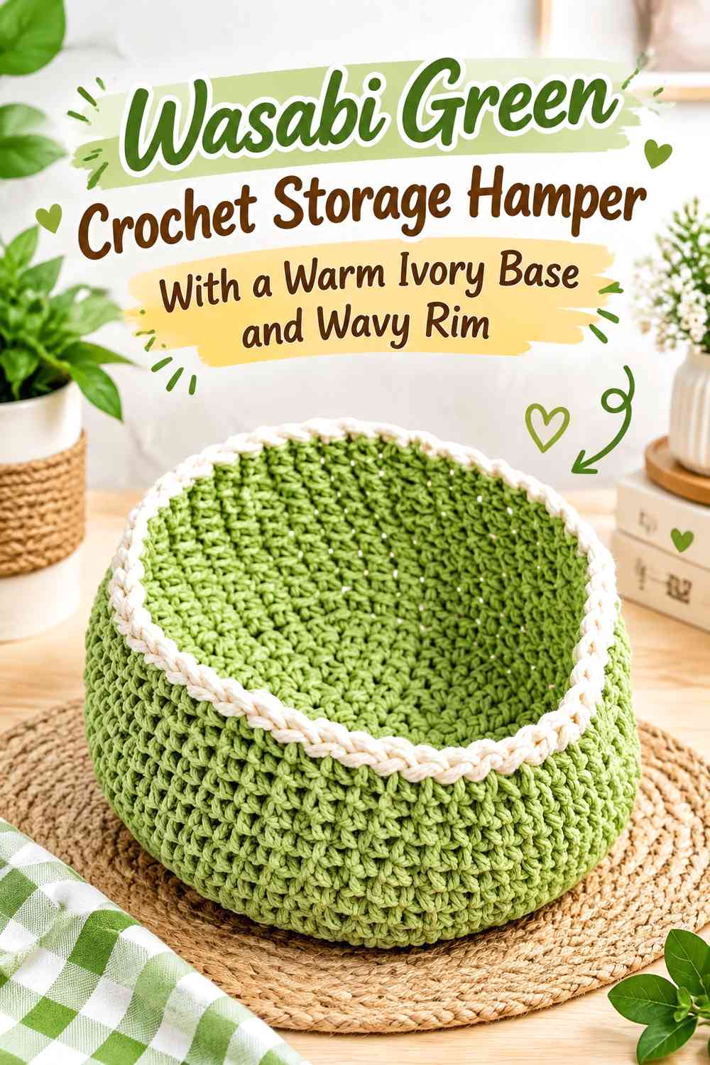Wasabi Green Crochet Storage Hamper With a Warm Ivory Base and Wavy Rim