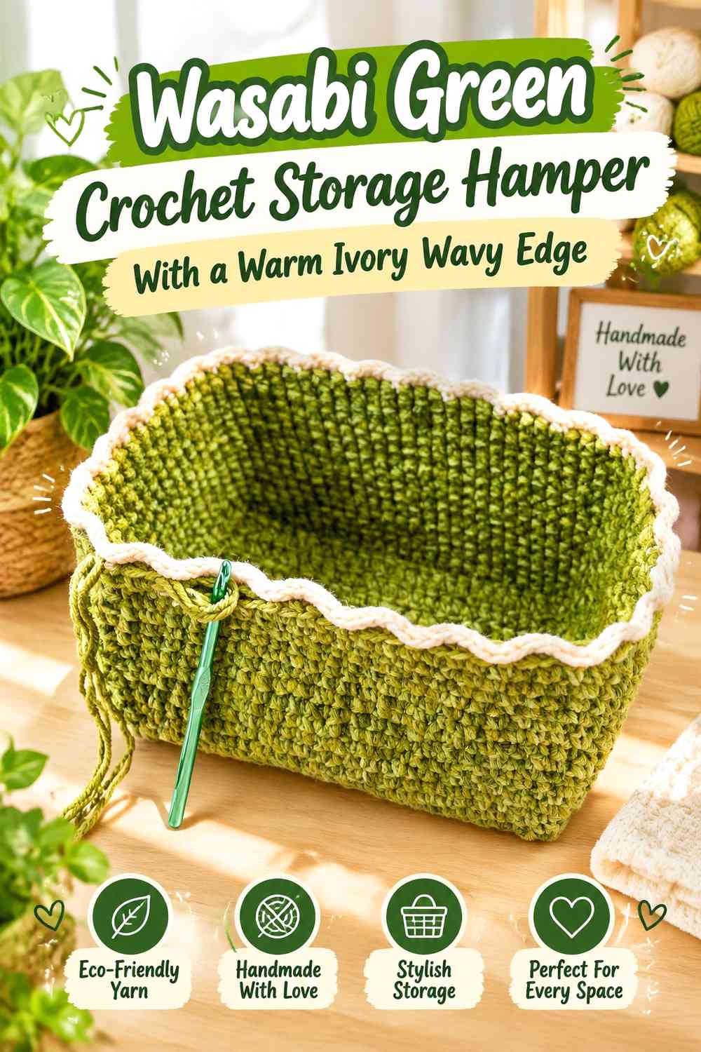 Wasabi Green Crochet Storage Hamper With a Warm Ivory Wavy Edge