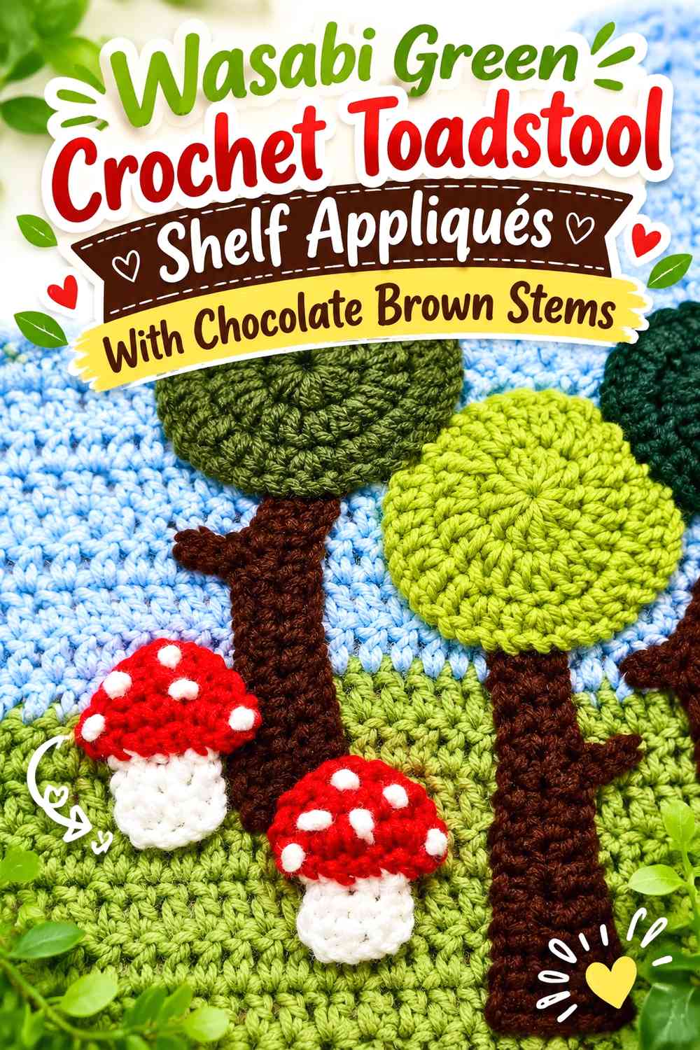Wasabi Green Crochet Toadstool Shelf Appliqués With Chocolate Brown Stems