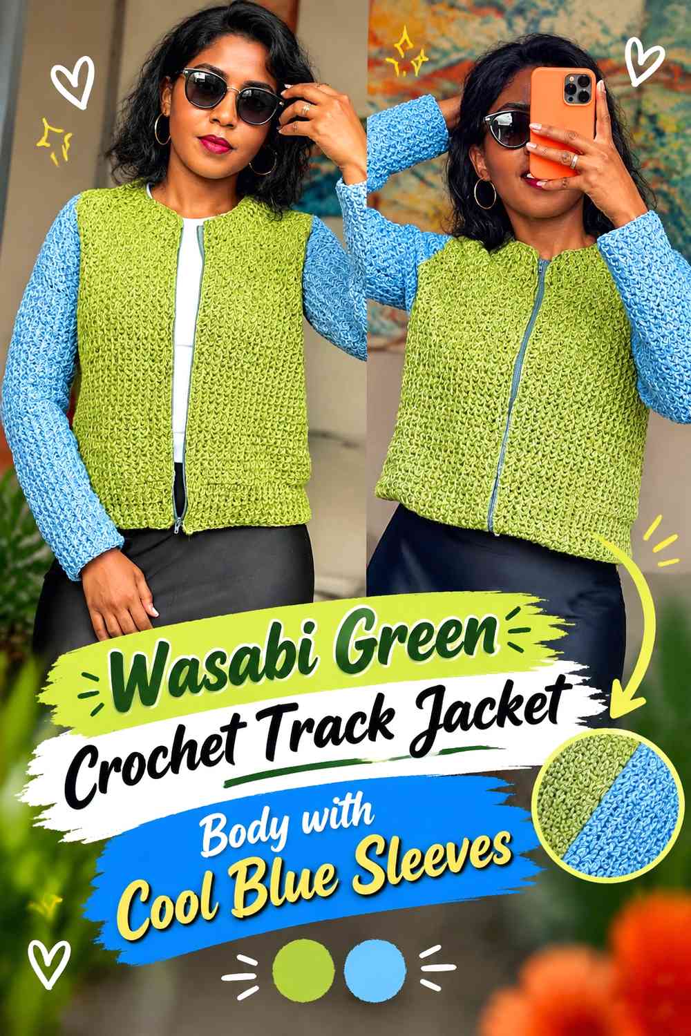 Wasabi Green Crochet Track Jacket Body with Cool Blue Sleeves
