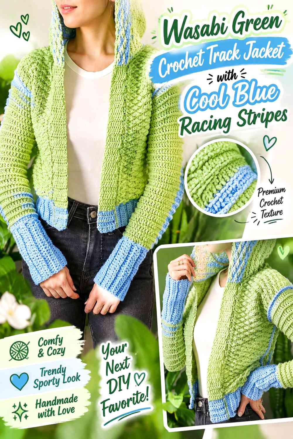 Wasabi Green Crochet Track Jacket with Cool Blue Racing Stripes