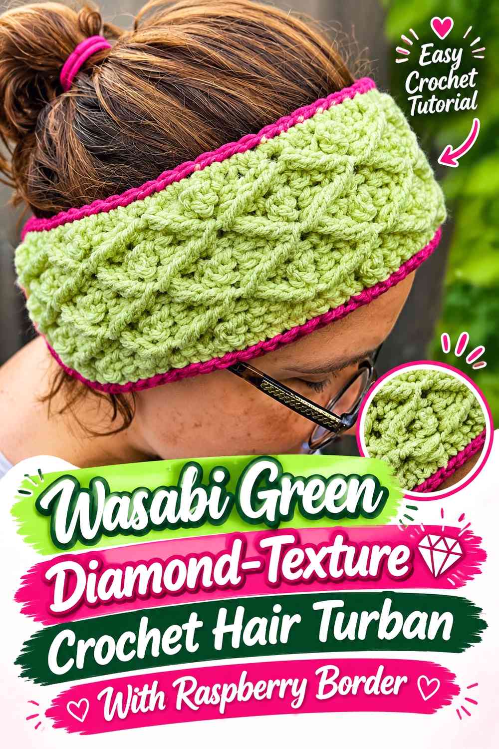 Wasabi Green Diamond-Texture Crochet Hair Turban With Raspberry Border
