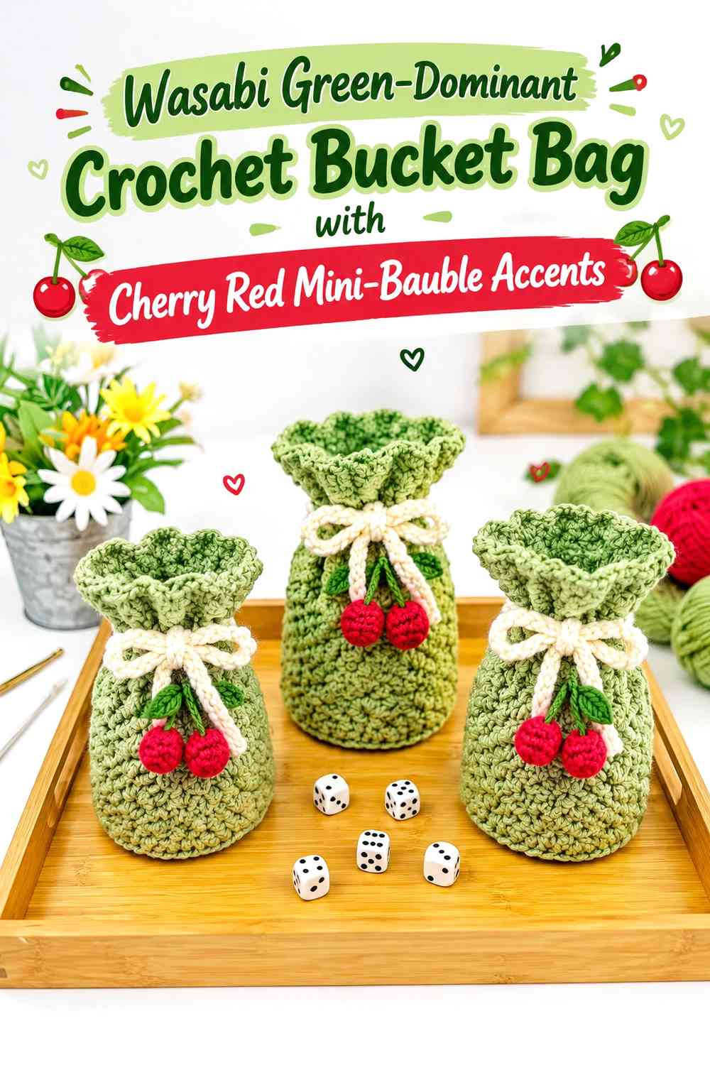 Wasabi Green-Dominant Crochet Bucket Bag with Cherry Red Mini-Bauble Accents