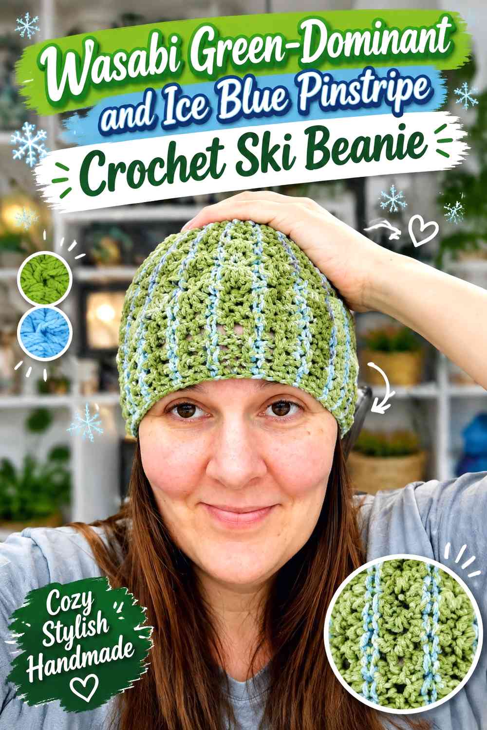 Wasabi Green-Dominant and Ice Blue Pinstripe Crochet Ski Beanie