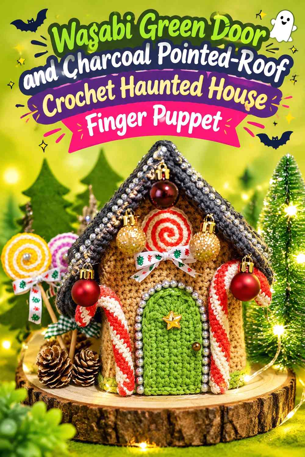 Wasabi Green Door and Charcoal Pointed-Roof Crochet Haunted House Finger Puppet