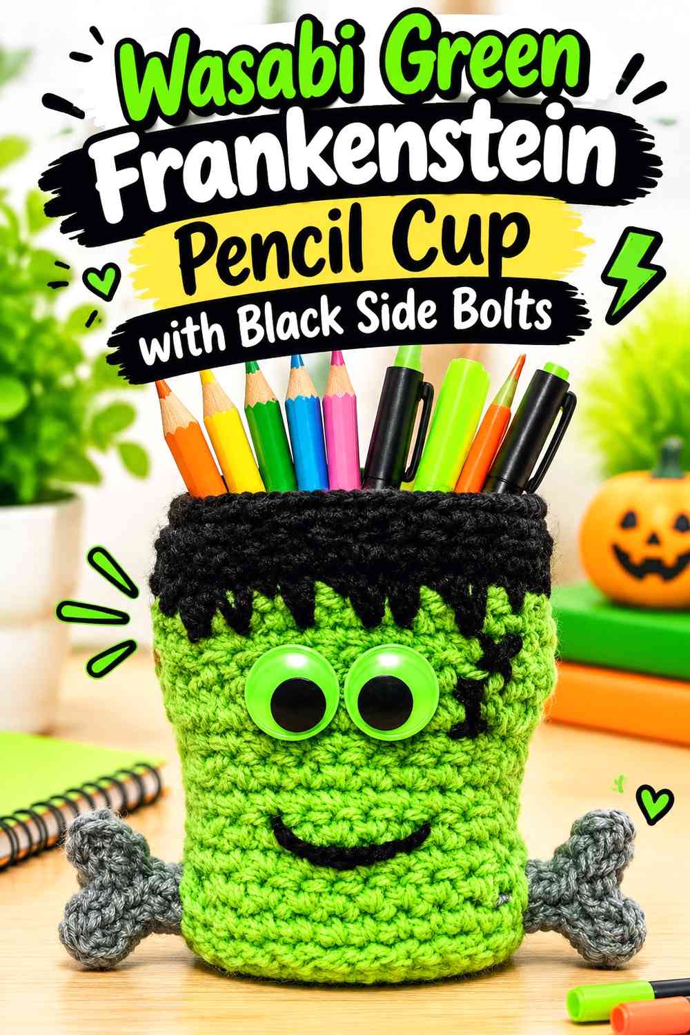 Wasabi Green Frankenstein Pencil Cup with Black Side Bolts