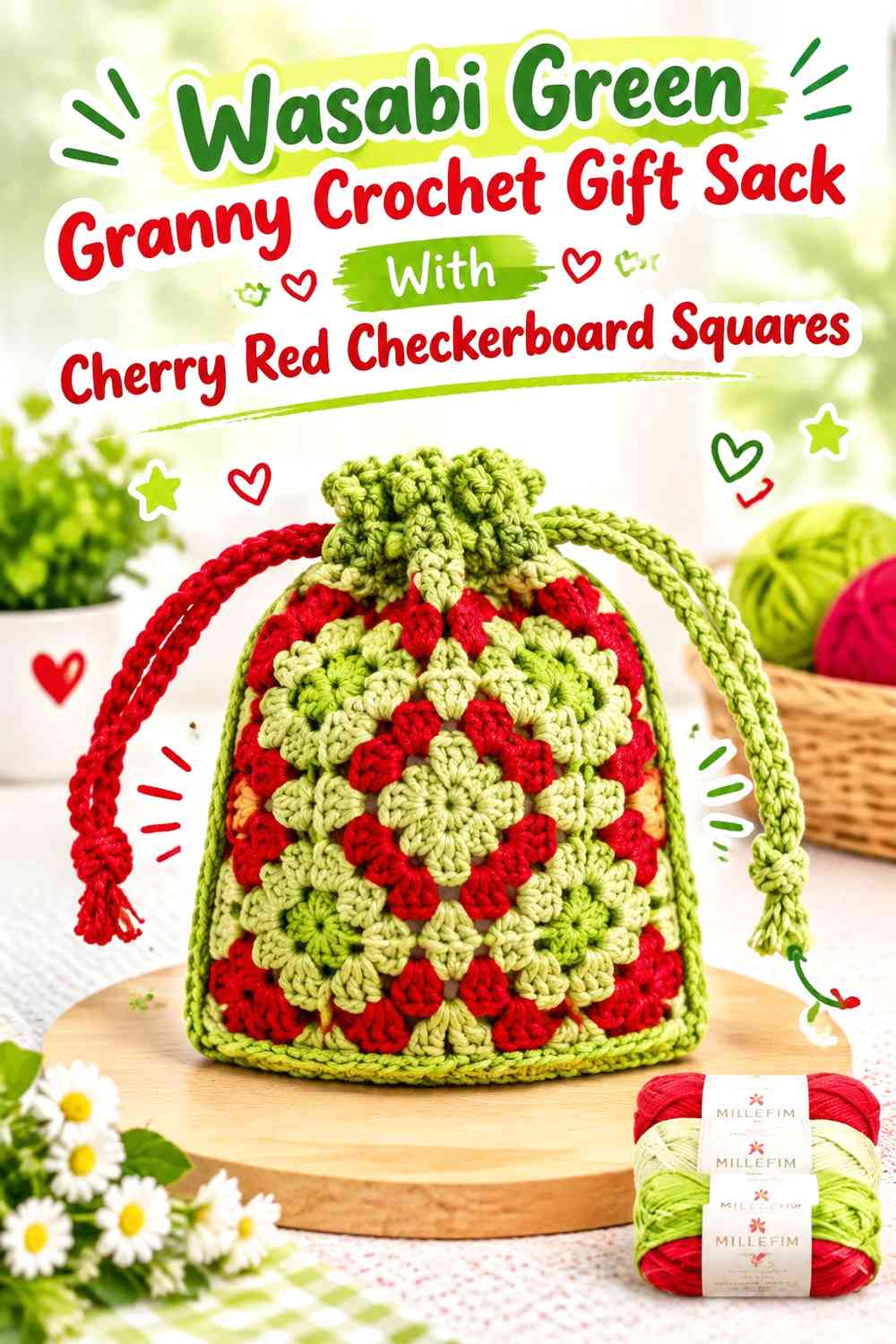 Wasabi Green Granny Crochet Gift Sack With Cherry Red Checkerboard Squares