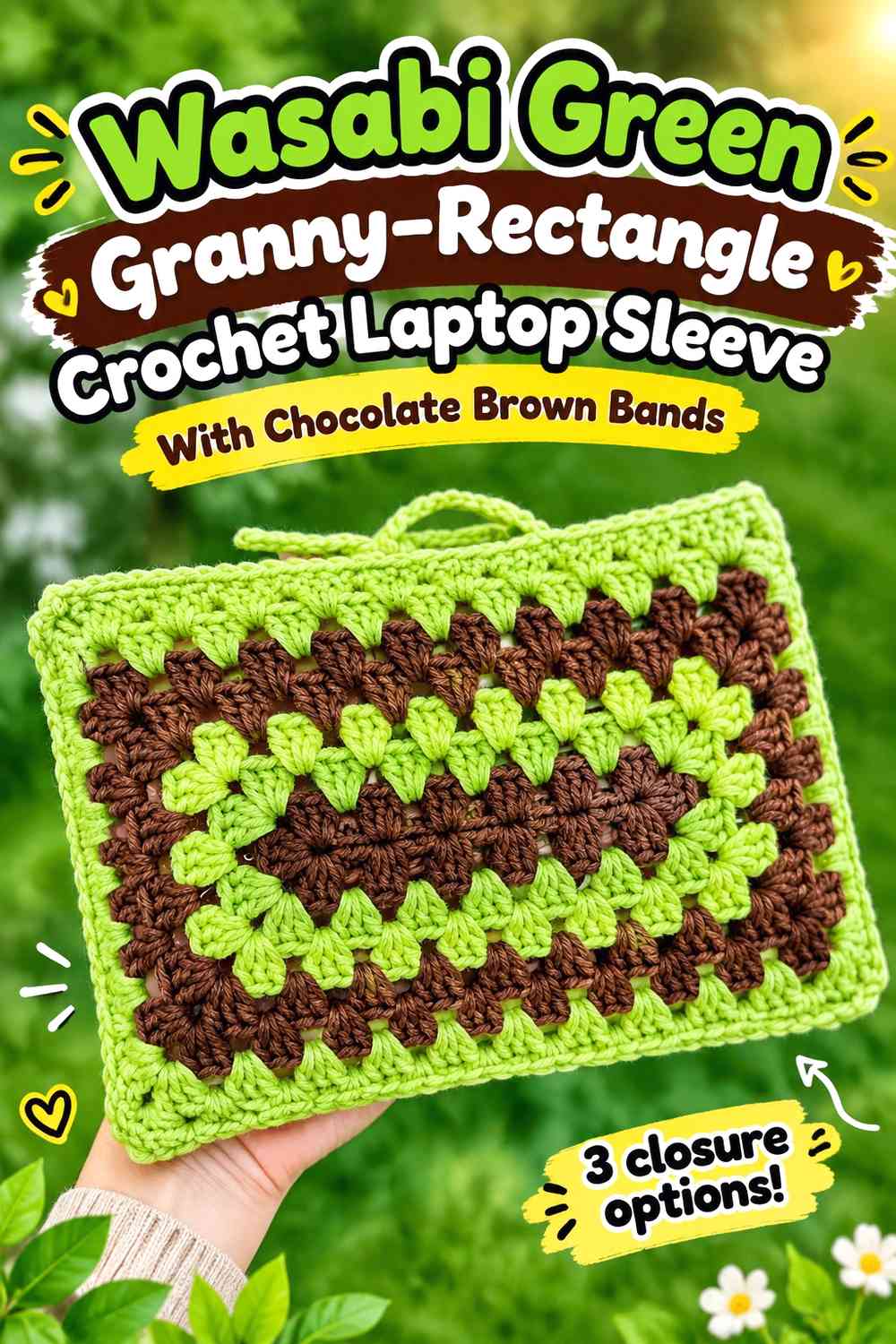 Wasabi Green Granny-Rectangle Crochet Laptop Sleeve With Chocolate Brown Bands