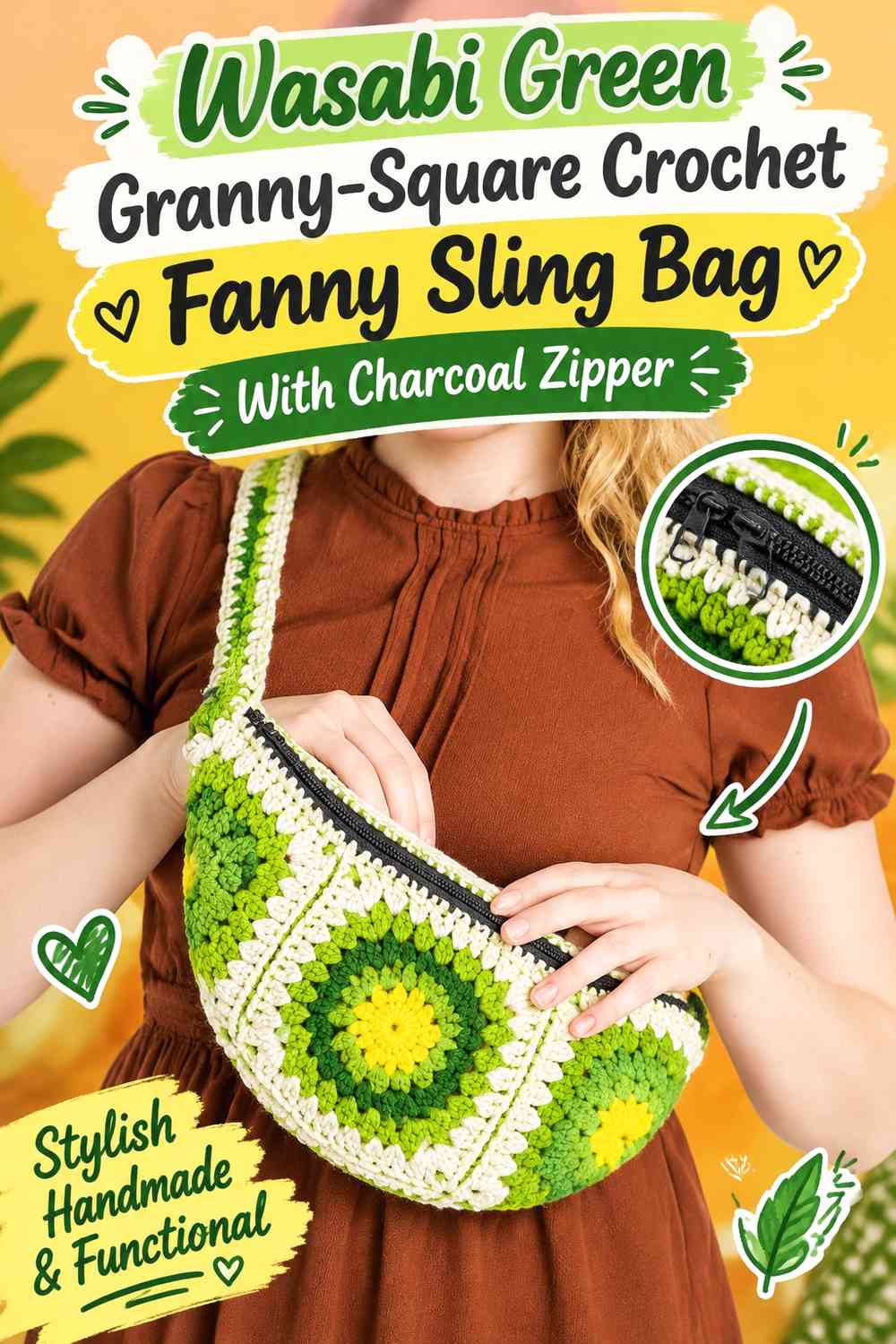 Wasabi Green Granny-Square Crochet Fanny Sling Bag With Charcoal Zipper